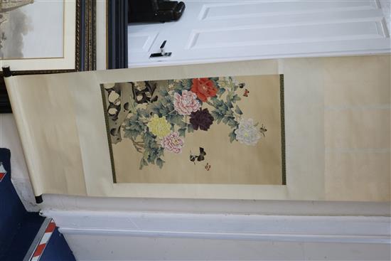 A Chinese scroll painting on silk and a pair of pak choi